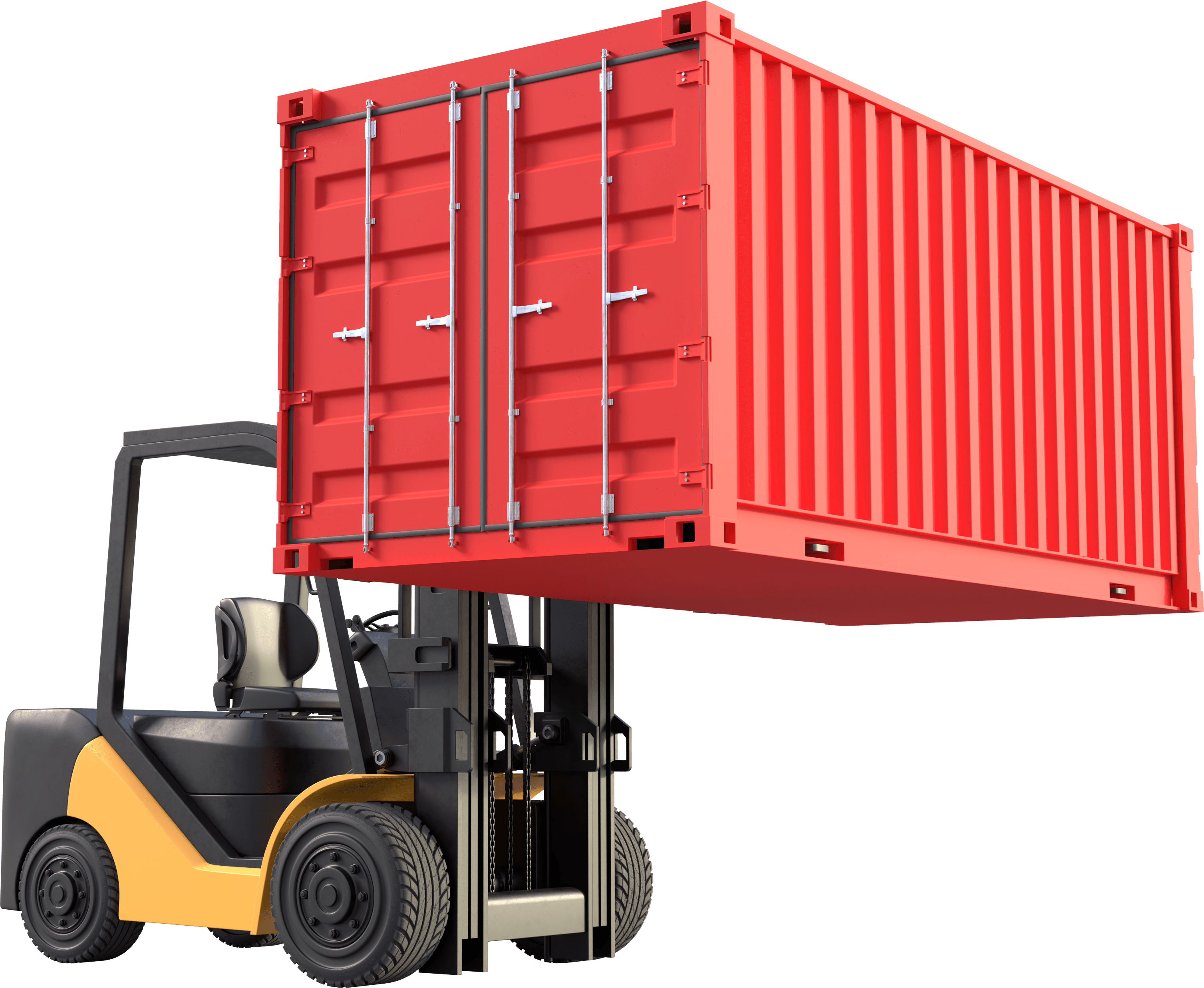 Yellow forklift lifting a red shipping container