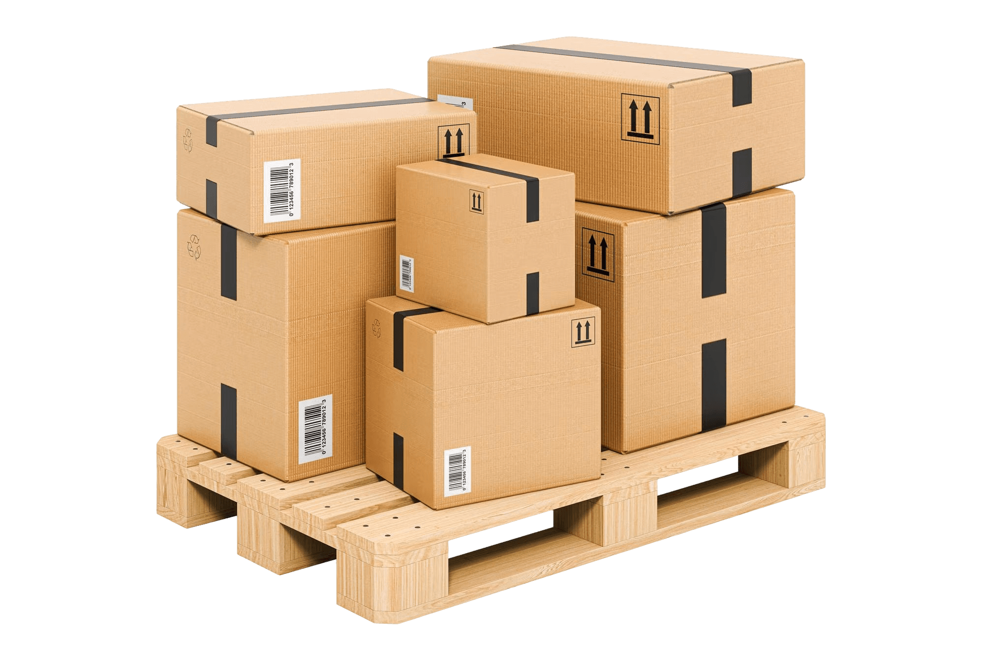 Cardboard boxes stacked on a wooden shipping pallet